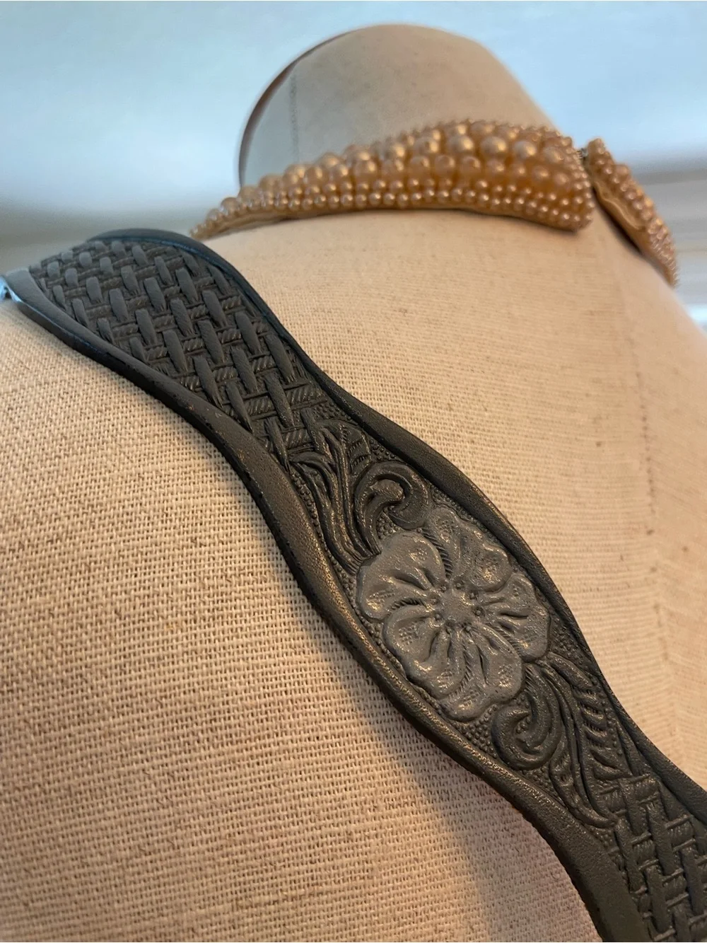 Embossed Gray Leather Western Belt with Ornate Silver Buckle 32.5 in